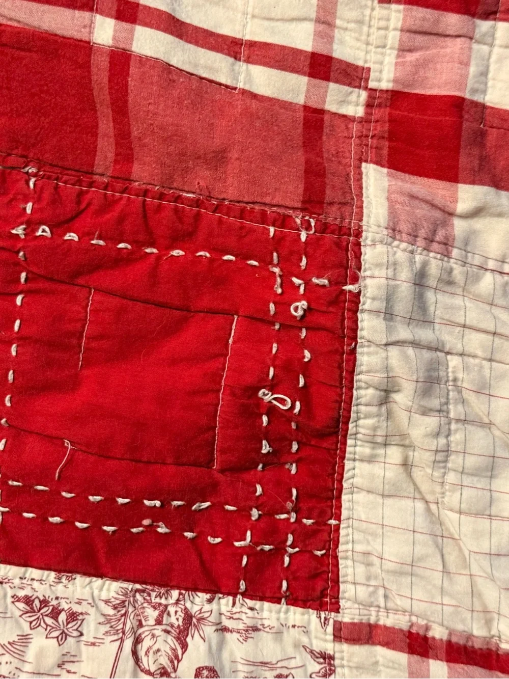 Vintage Red Patchwork Cutter Quilt Checks Toile Stripes 46 x 84